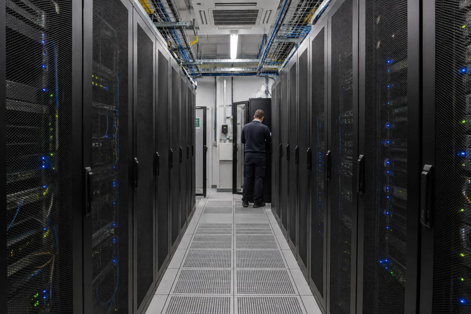 Geordnete Serverschränke in einem klimatisierten Rechenzentrum.