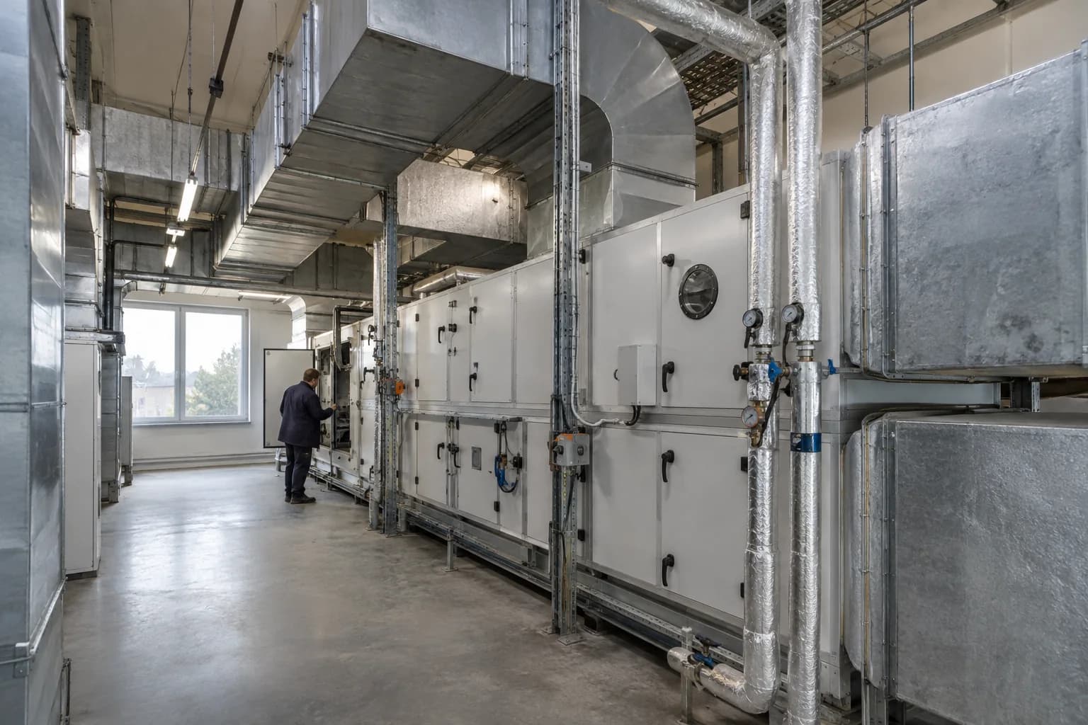 Lüftungszentrale mit Luftkanälen und einer zugänglichen raumlufttechnischen Anlage.