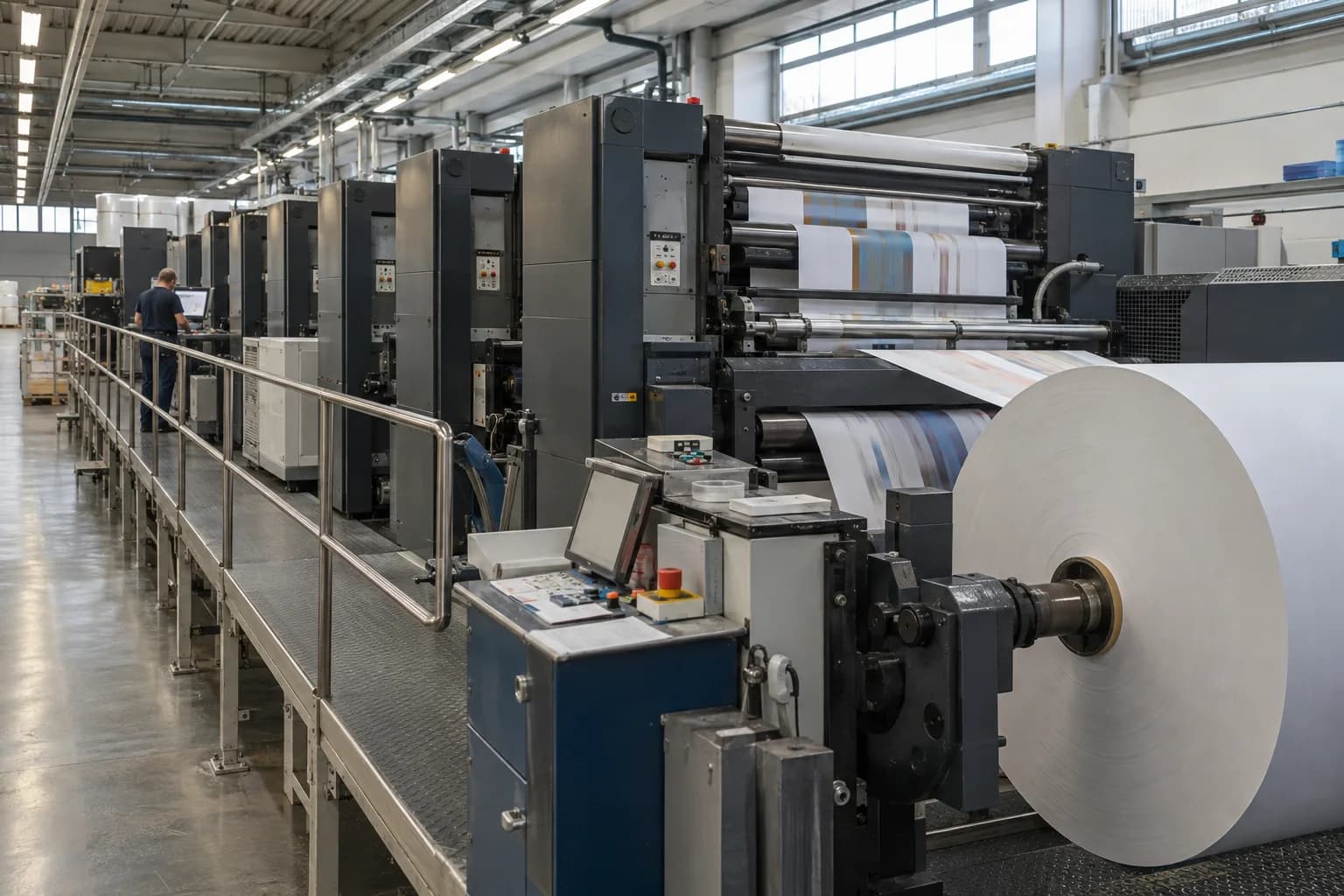 Eine industrielle Druckmaschine mit Papierbahn und Maschineneinheiten in einer Druckhalle.