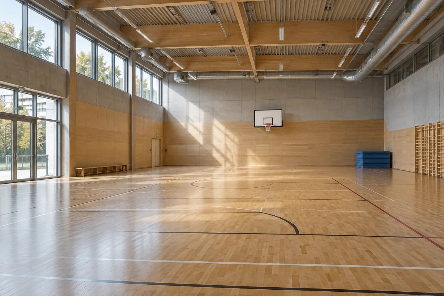 Lichtdurchflutete Sporthalle mit Holzboden und sichtbarer Lüftungstechnik.